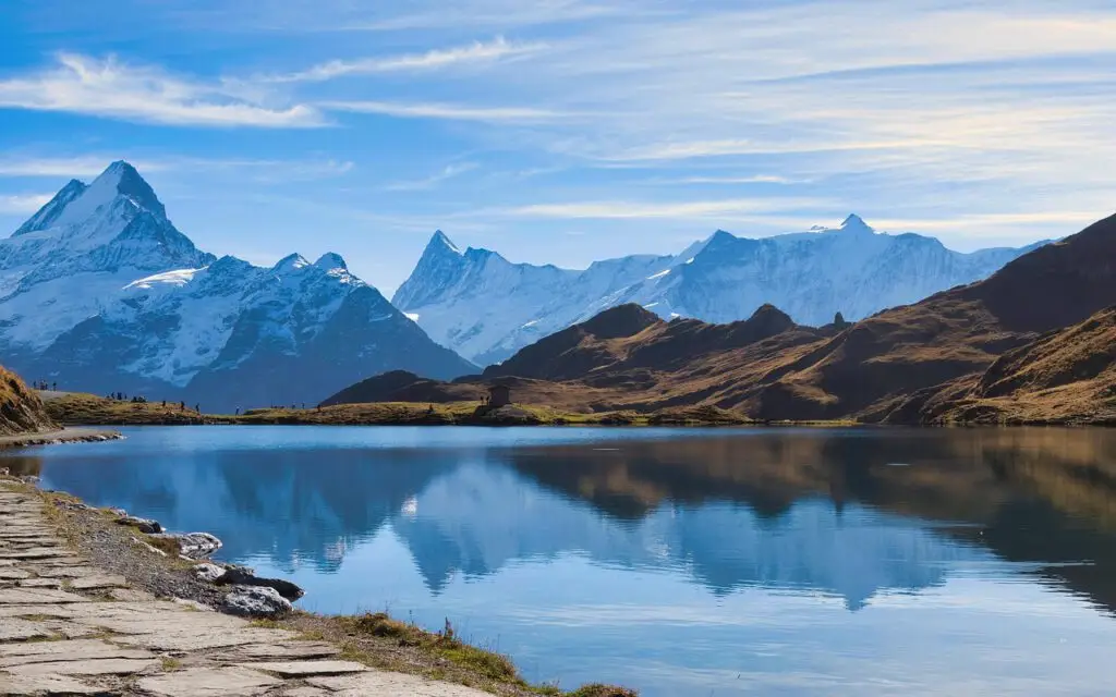 bachalpsee, lake, mountains, grindelwald, alps, switzerland, beautiful nature, nature background, autumn, nature, reflection, water, nature wallpaper, scenery, tourism, hd wallpaper